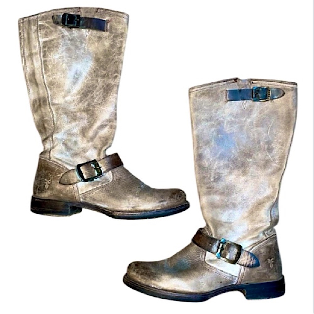 Frye Veronica distressed tan stone leather slouch mid-calf boots